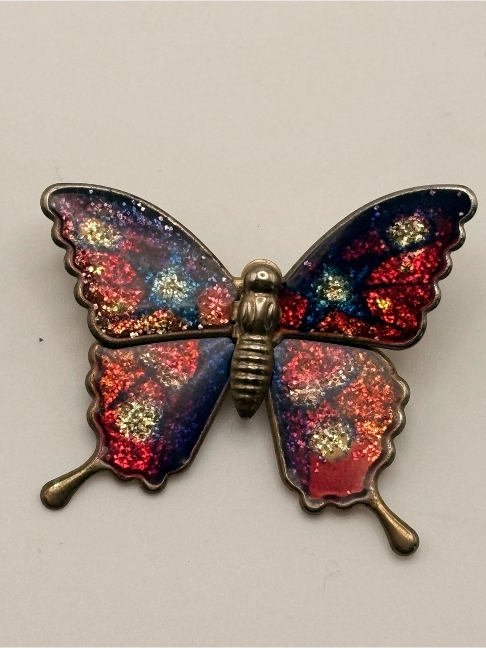 Vintage Butterfly Brooch Pendant Confetti Foil Enamel Gold Tone Jewelry
